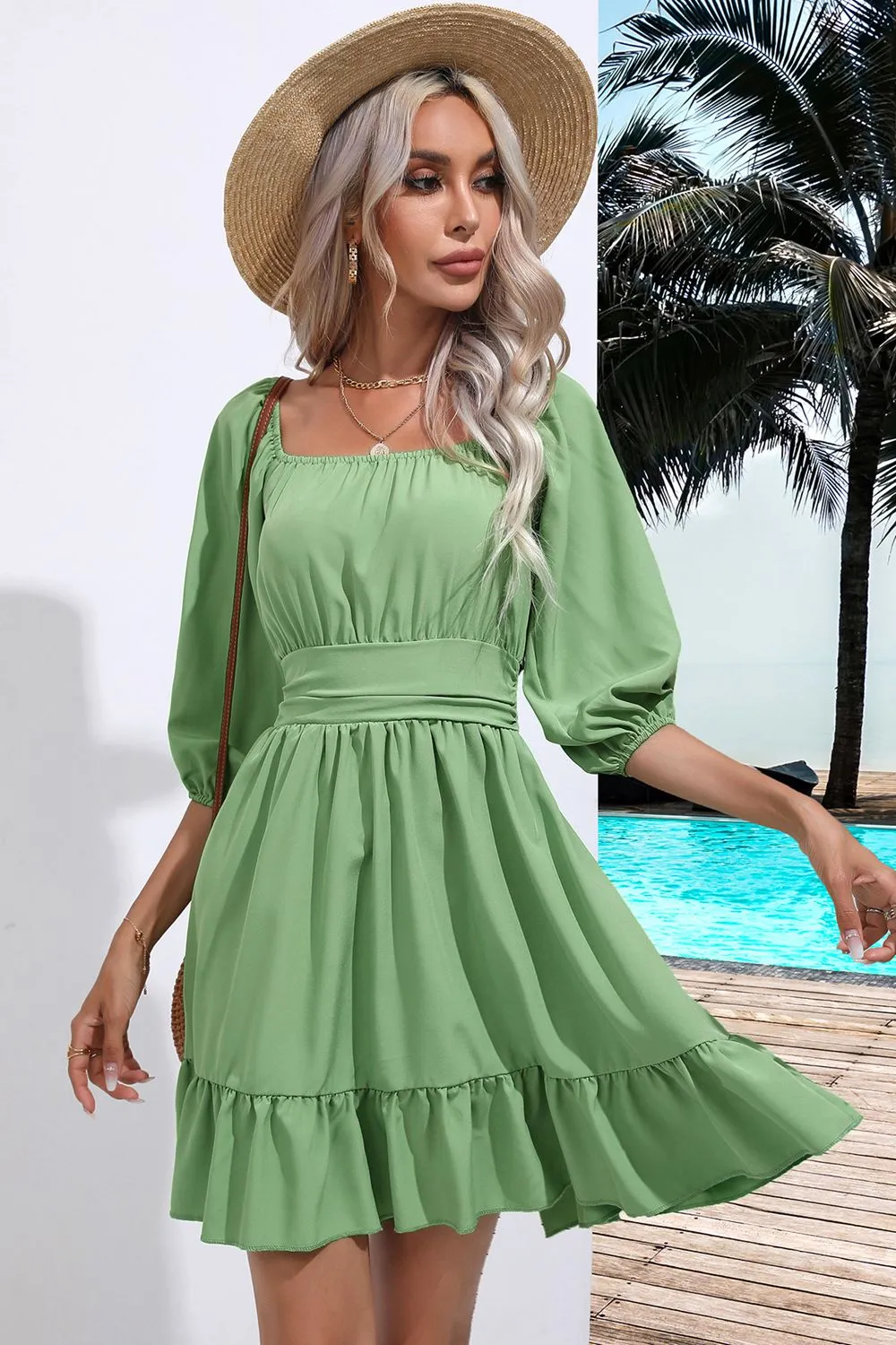 Square Neck Tie Back Ruffle Hem Dress, image 14