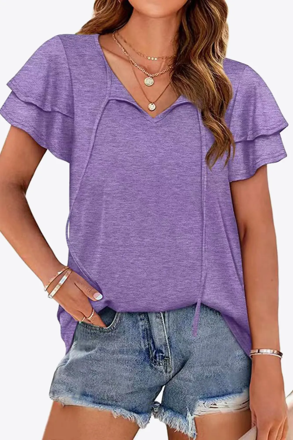 Tie-Neck Layered Flutter Sleeve Blouse, image 19