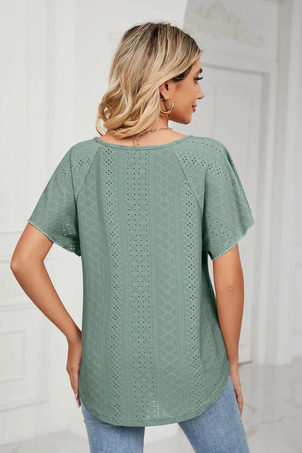 Eyelet Tie-Neck Flutter Sleeve Top, image 10