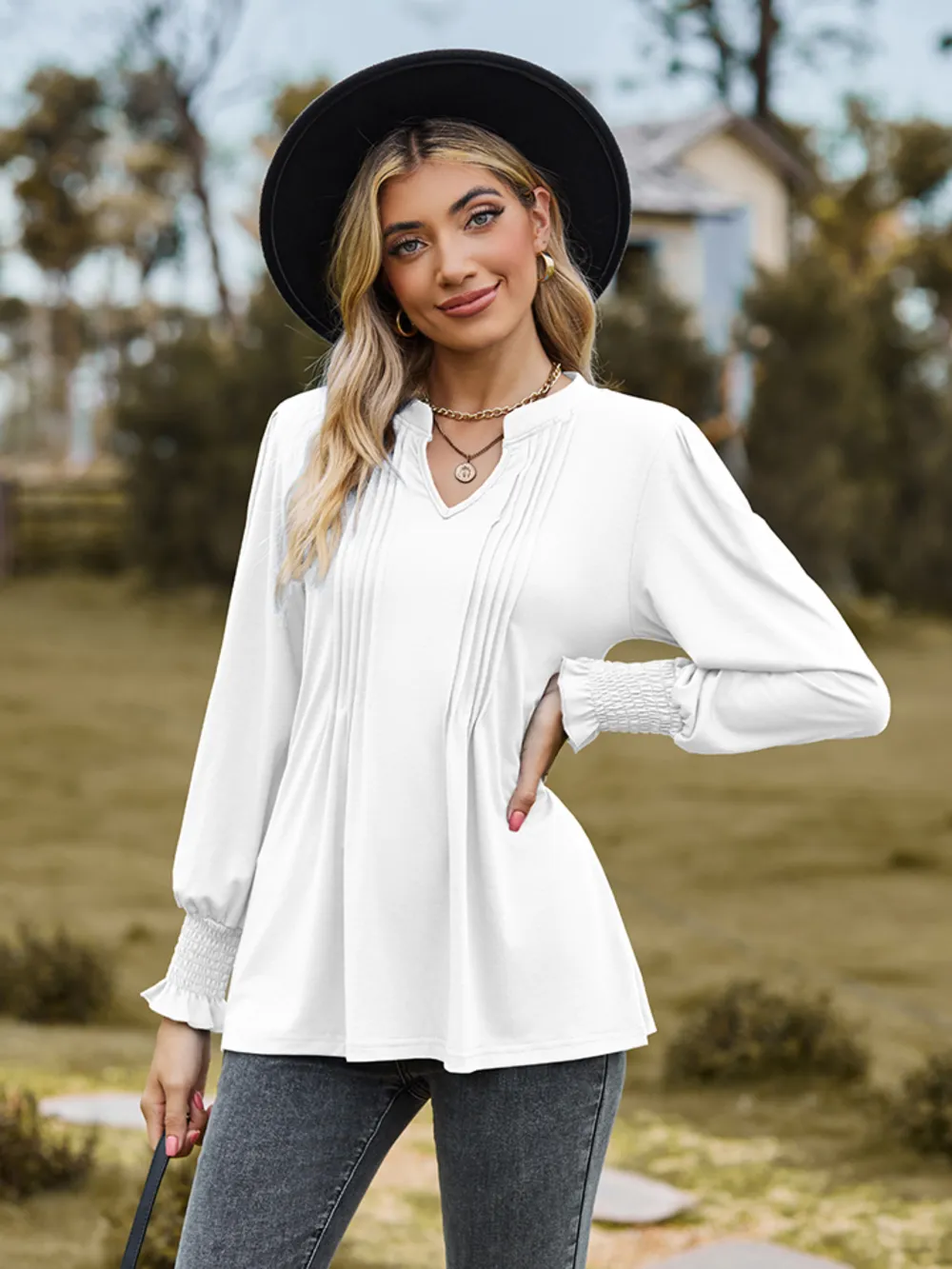 Notched Neck Flounce Sleeve Blouse, image 15