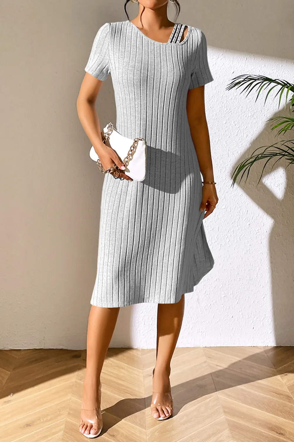 Ribbed Asymmetrical Neck Short Sleeve Dress, image 2