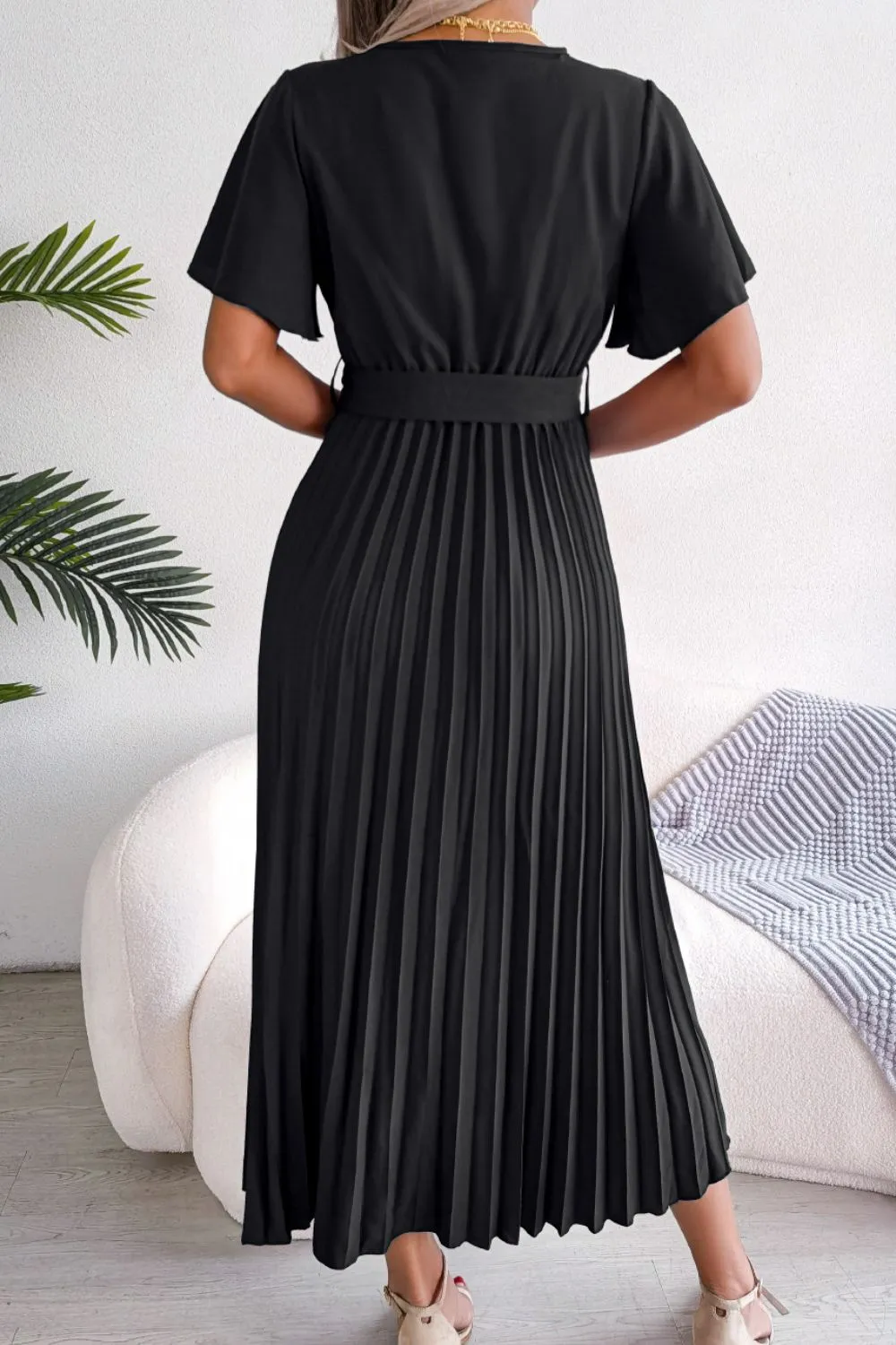 Pleated Flutter Sleeve Belted Dress, image 8
