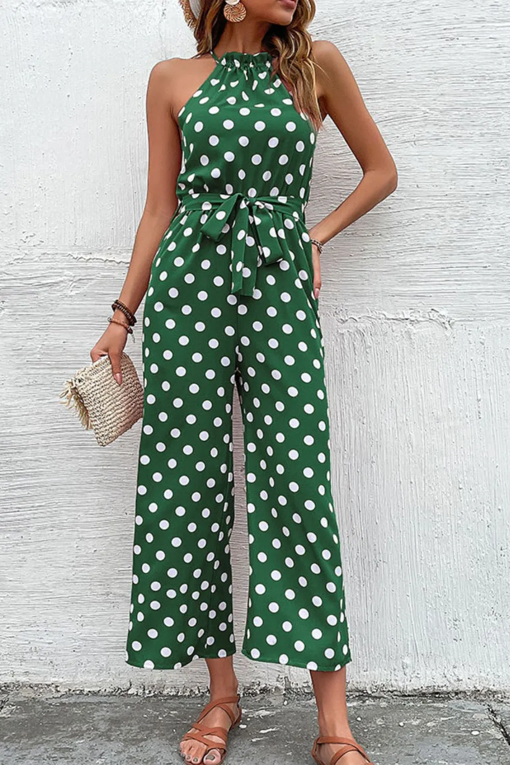 Polka Dot Grecian Wide Leg Jumpsuit, image 7