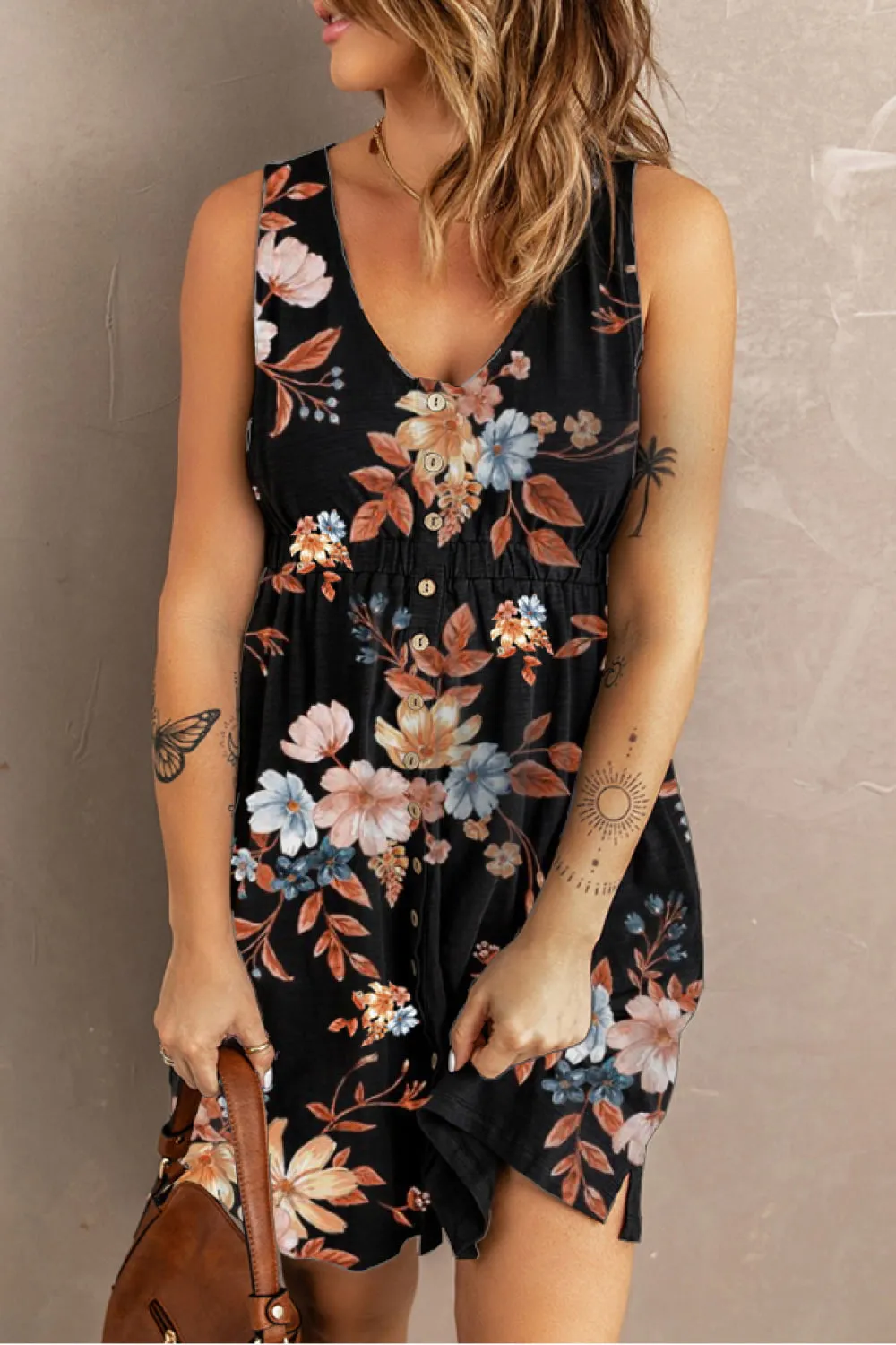 Printed Scoop Neck Sleeveless Buttoned Magic Dress with Pockets, image 23