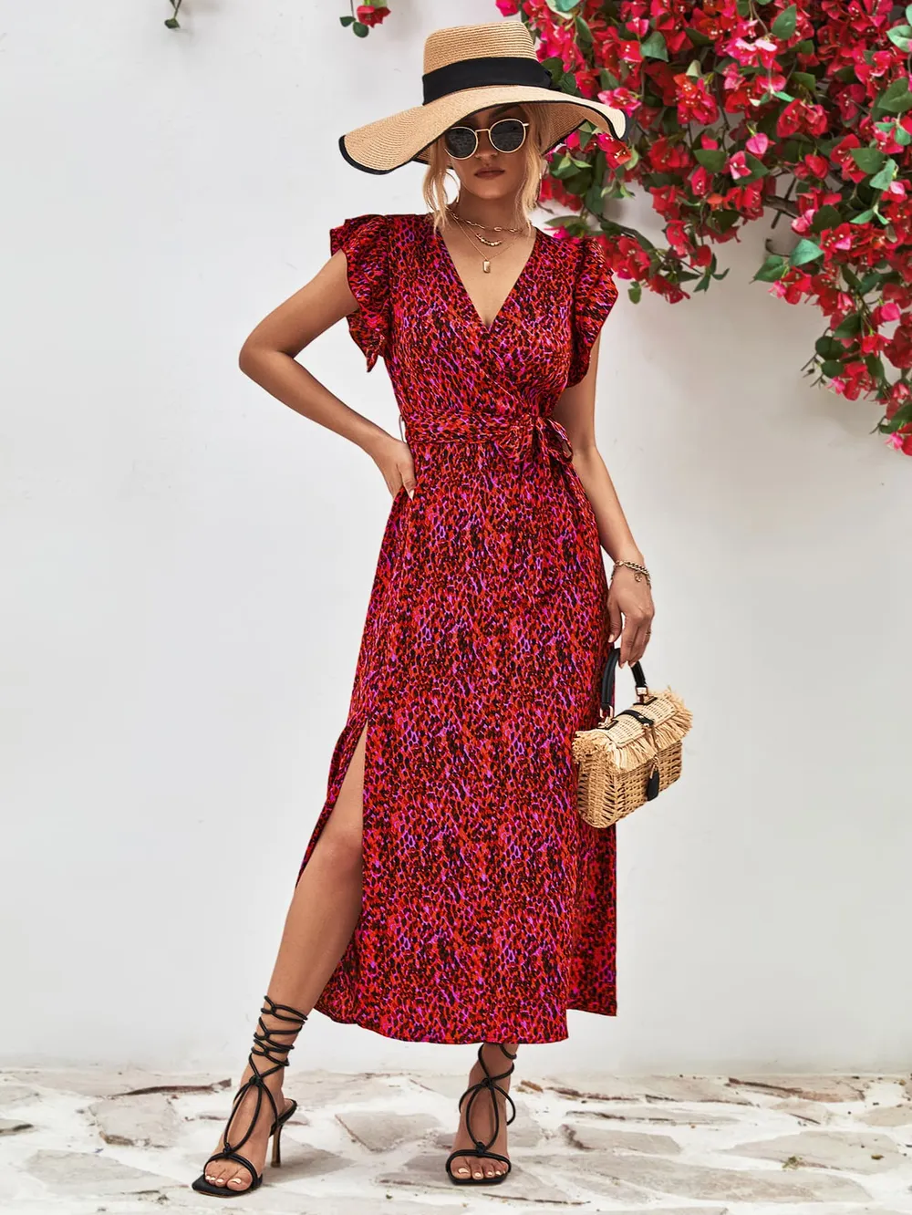 Printed Surplice Neck Flutter Sleeve Slit Dress, image 12