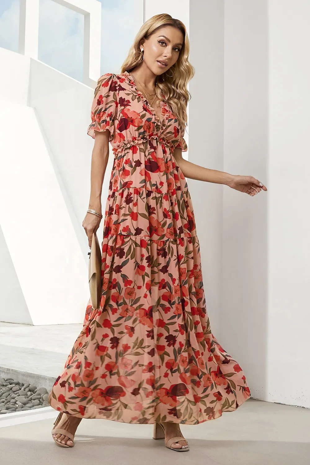 Floral V-Neck Short Flounce Sleeve Dress, image 8