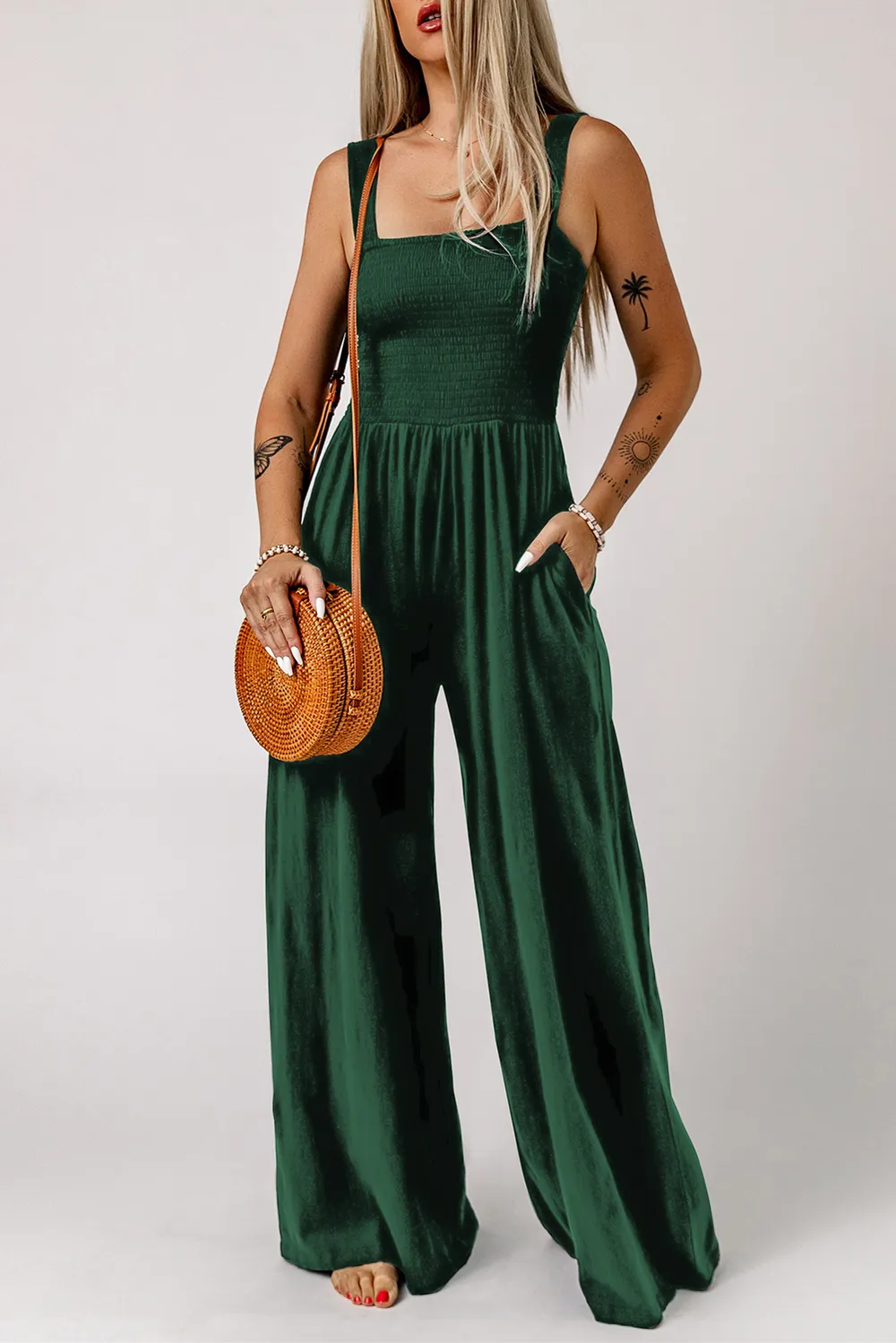 Smocked Square Neck Wide Leg Jumpsuit with Pockets, image 13