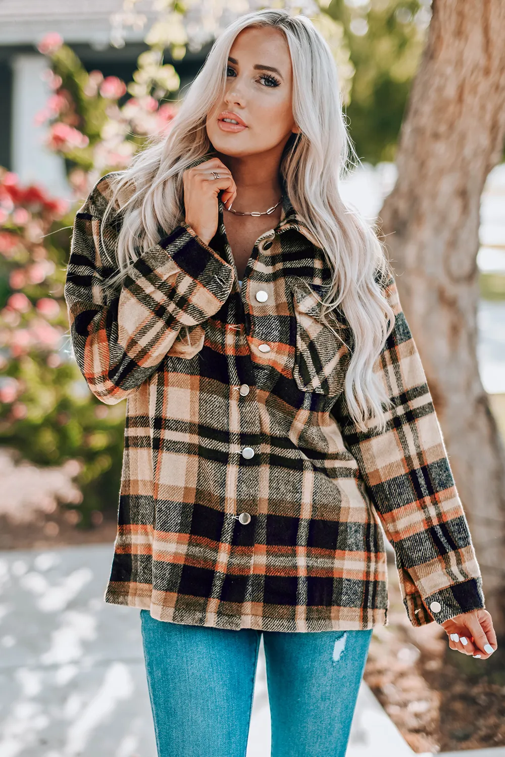 Plaid Button Front Shirt Jacket with Breast Pockets, image 16
