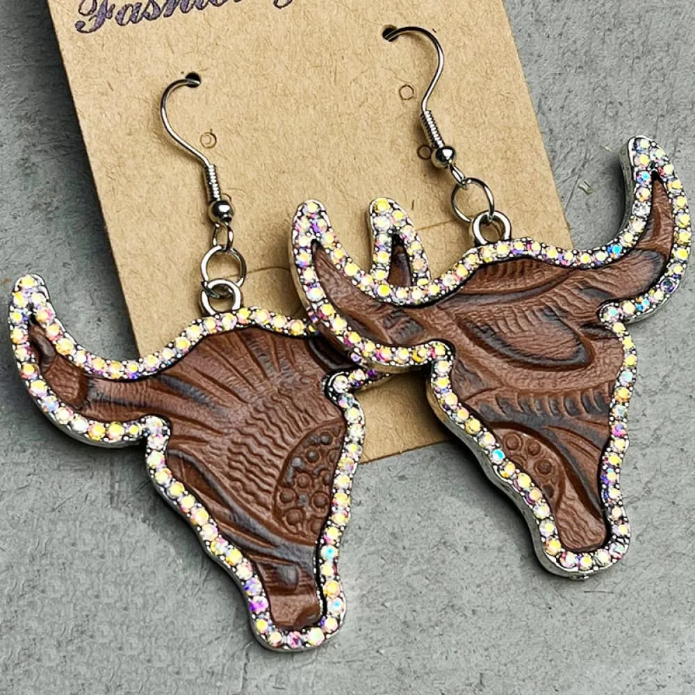 Rhinestone Trim Alloy Bull Earrings, image 5