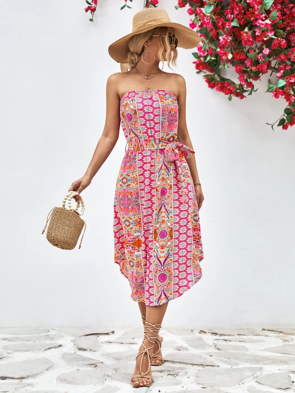 Printed Strapless Tie Belt Dress, image 14