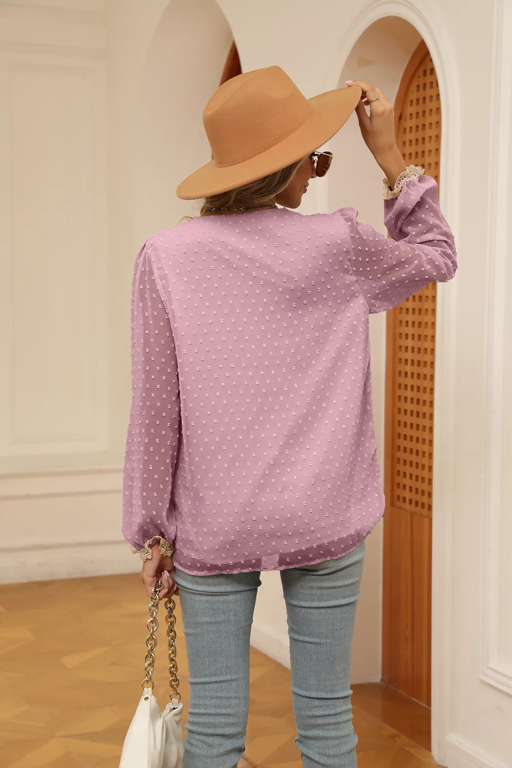 Swiss Dot Contrast V-Neck Blouse, image 12