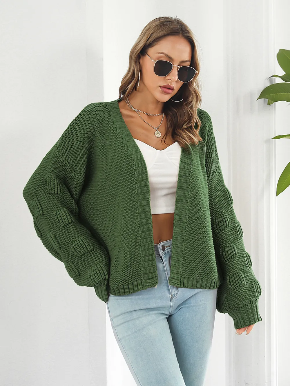 Open Front Ribbed Trim Cardigan, image 5
