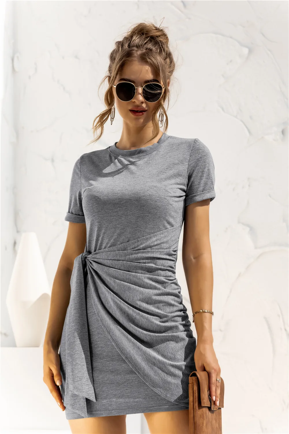 Round Neck Cuffed Sleeve Side Tie Dress, image 13