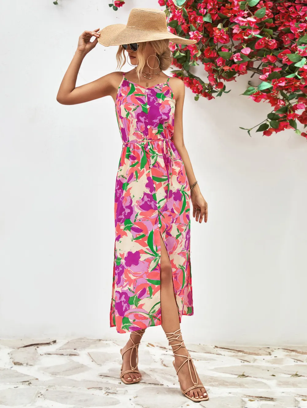 Printed Spaghetti Strap Front Slit Dress, image 12