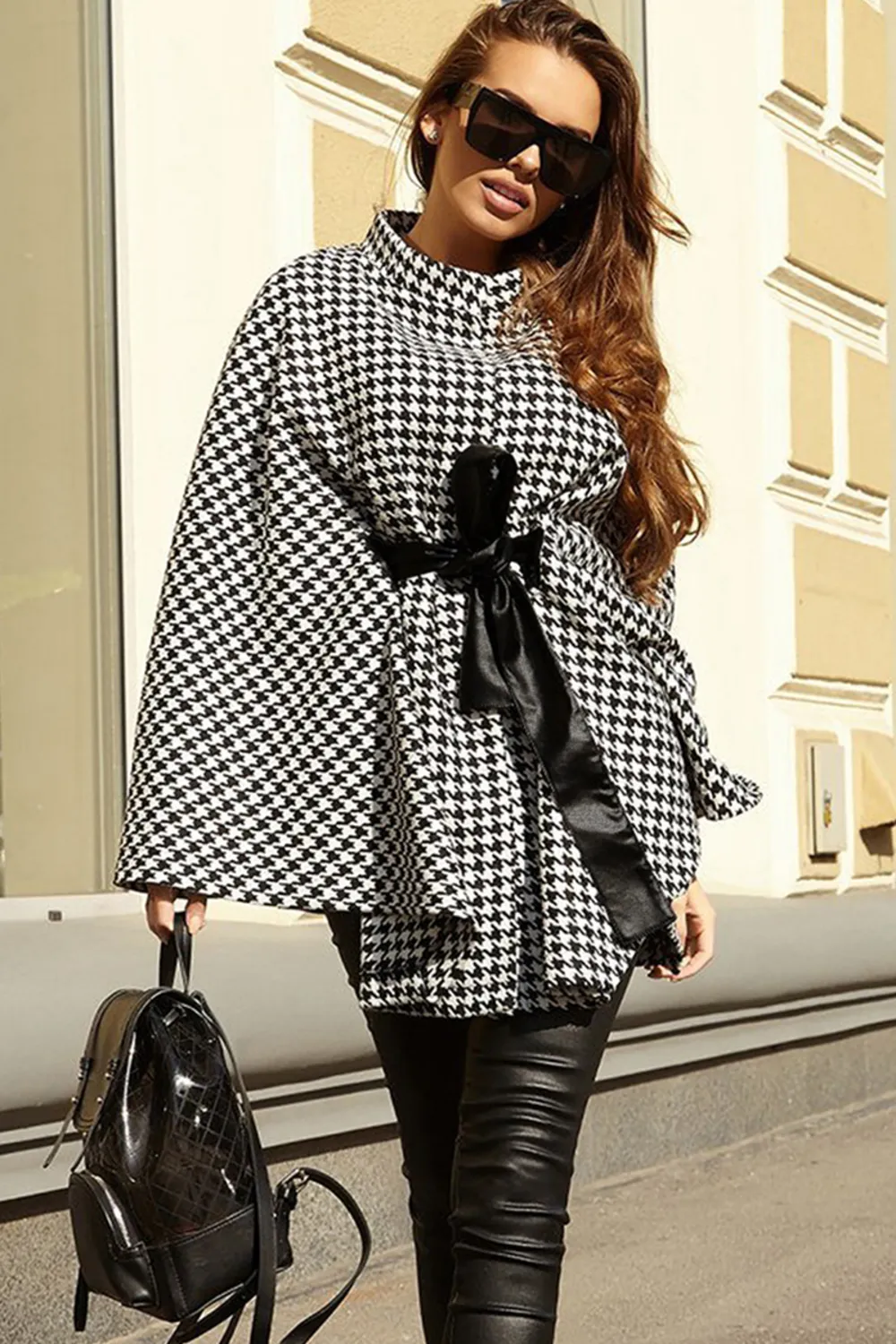 Houndstooth Tie Waist Trench Coat, image 3