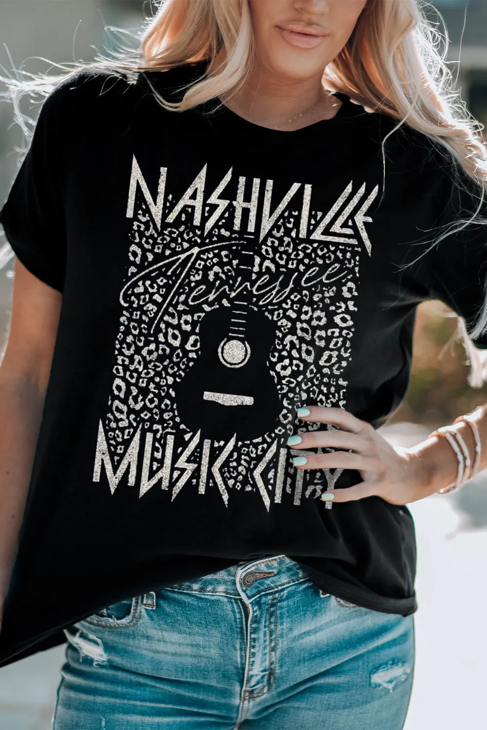 Graphic Cuffed Sleeve Round Neck Tee, image 3