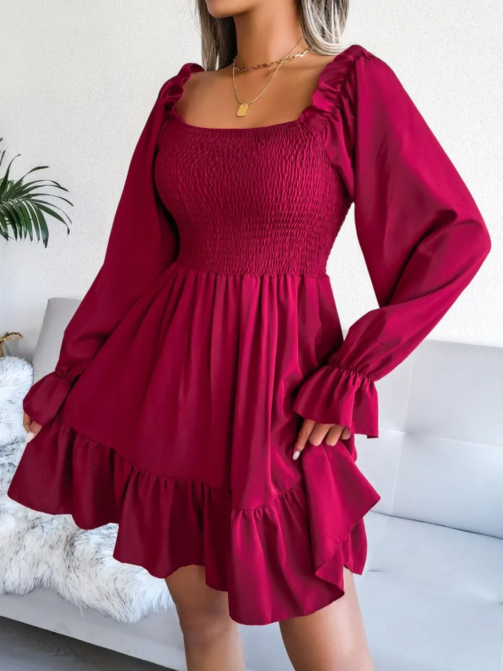 Smocked Flounce Sleeve Square Neck Dress, image 10