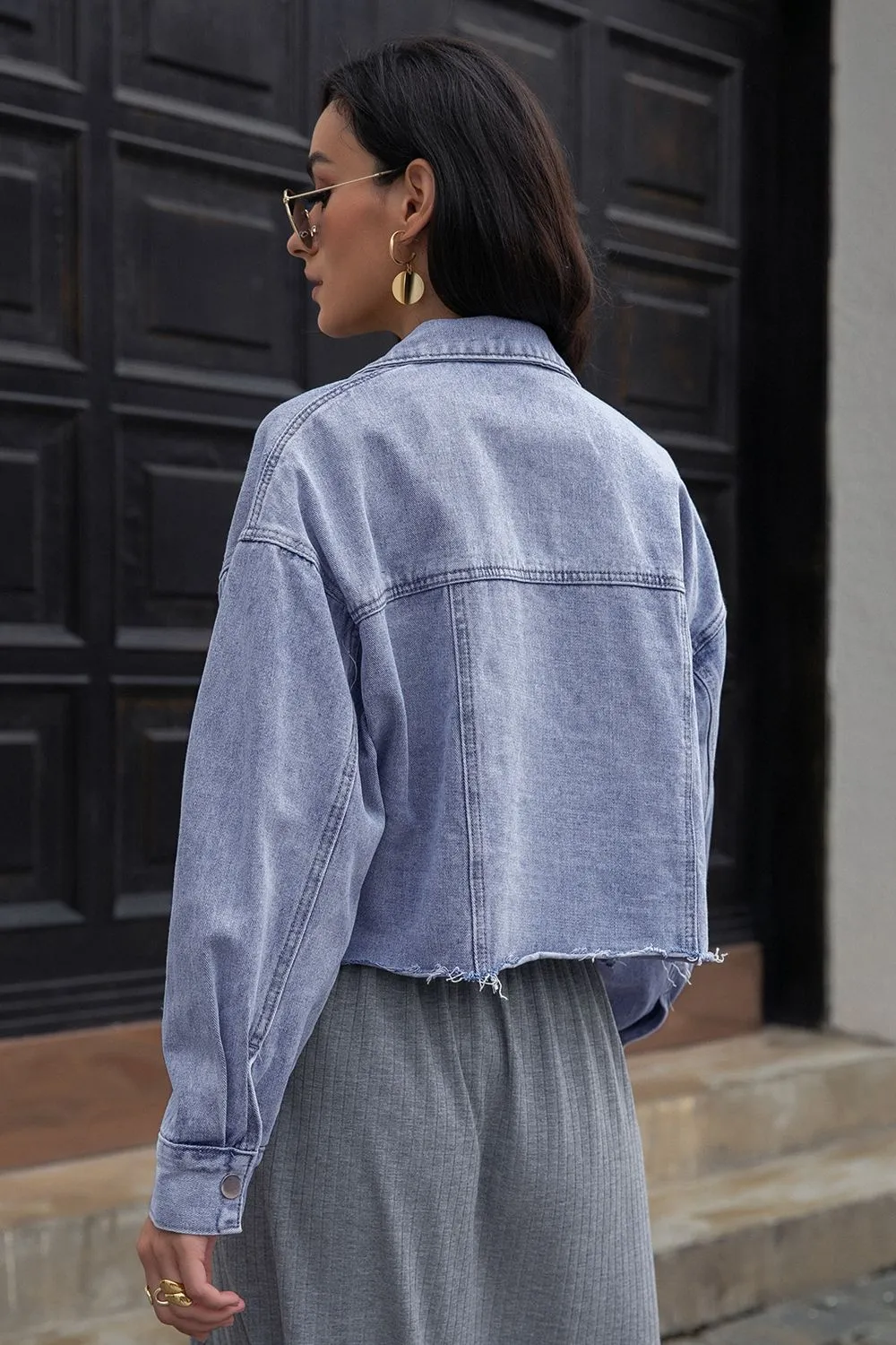 Lapel Collar Long Sleeve Denim Jacket, image 2