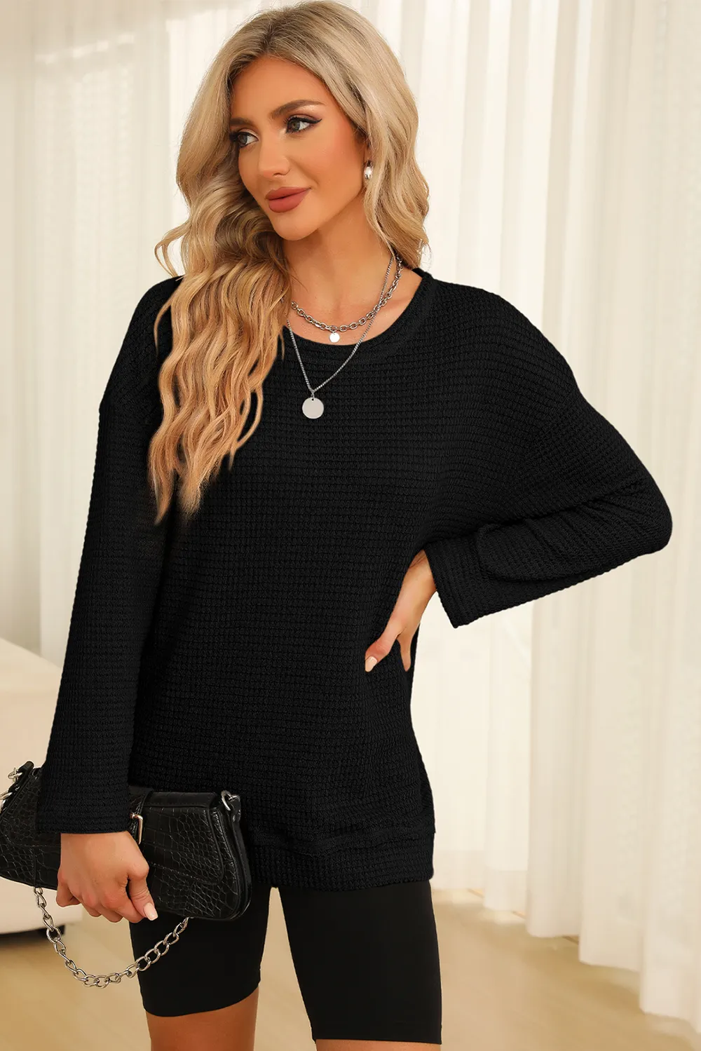 Waffle-Knit Round Neck Long Sleeve Sweatshirt, image 19