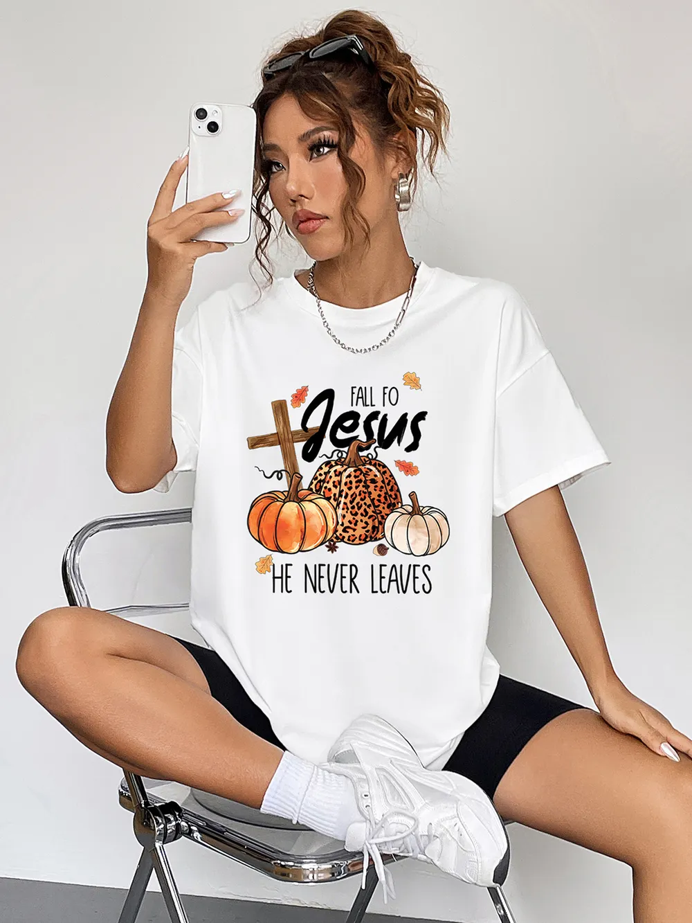Round Neck Short Sleeve Fall Season Graphic T-Shirt, image 3