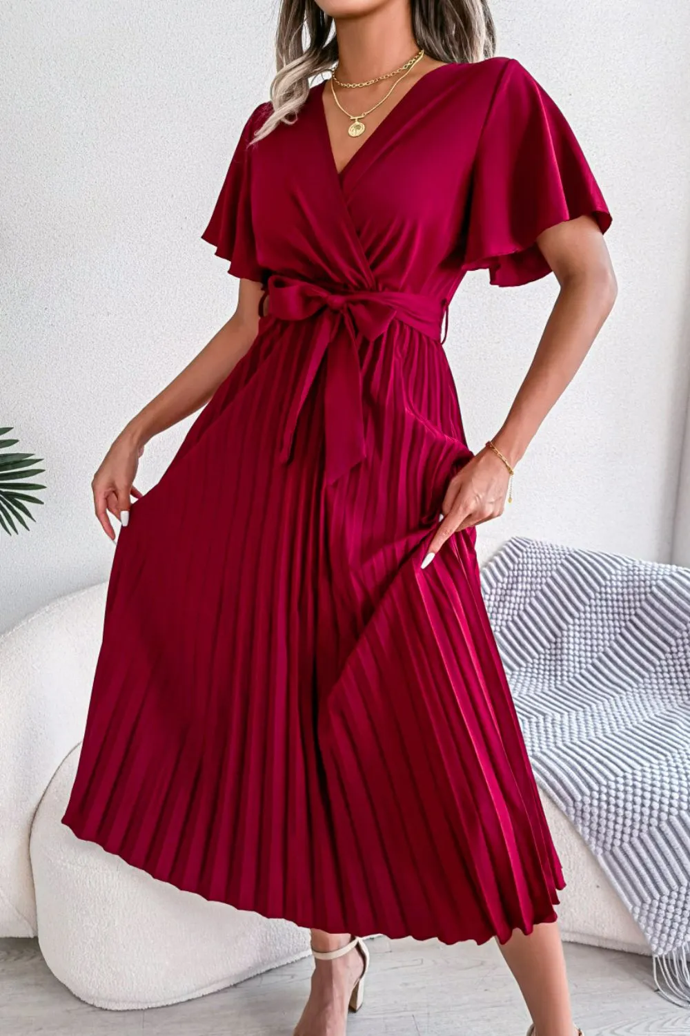 Pleated Flutter Sleeve Belted Dress, image 5