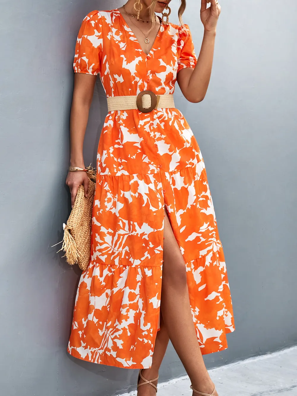 V-Neck Short Sleeve High Slit Midi Dress, image 9