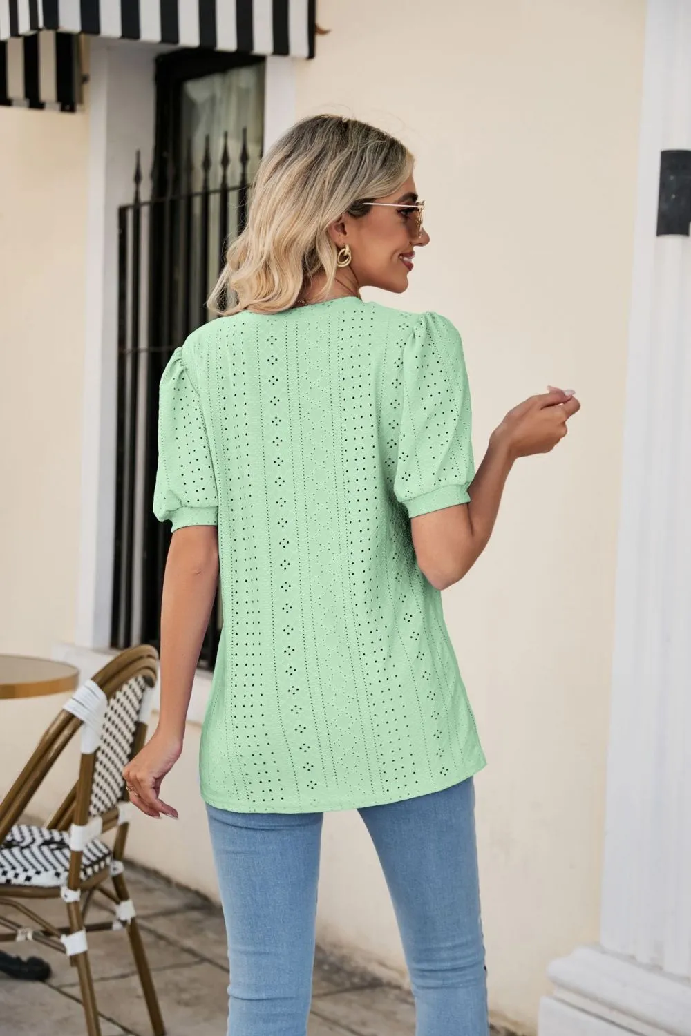 Eyelet Puff Sleeve V-Neck Top, image 21