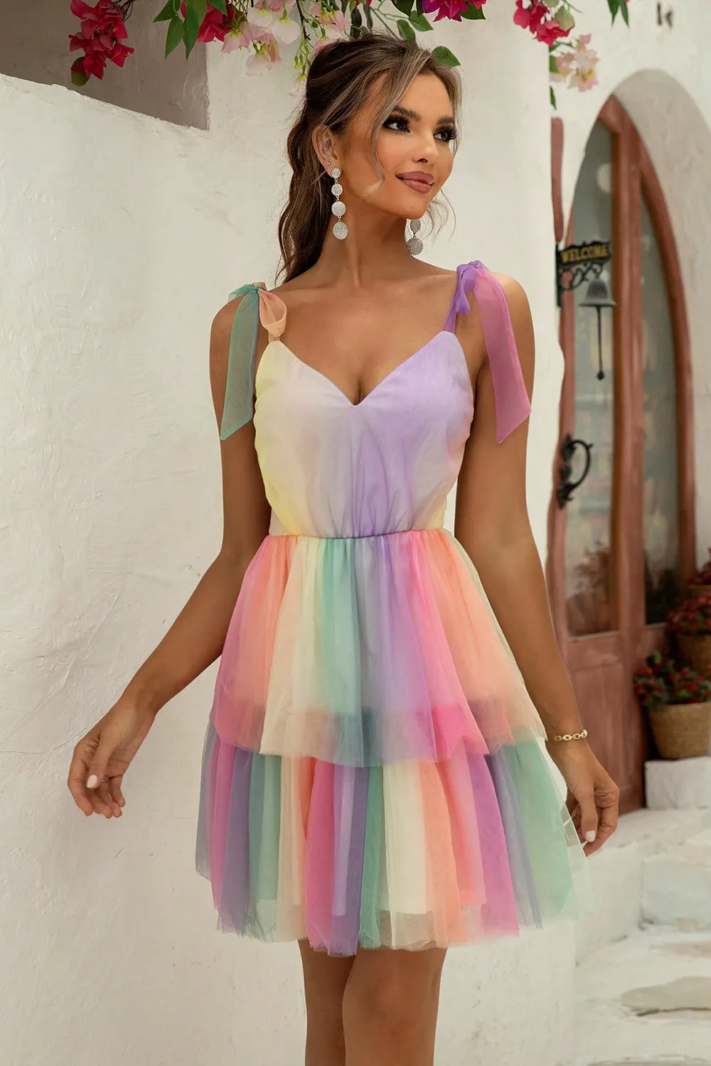 Gradient Tie-Shoulder Layered Dress, image 4