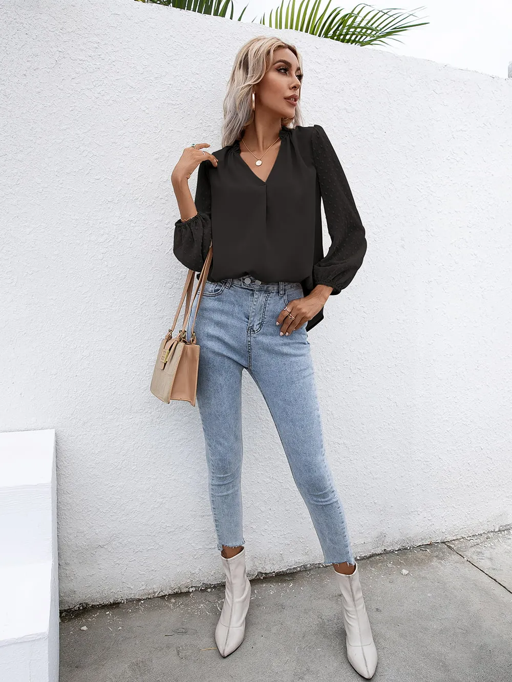 Swiss Dot Frill Trim Puff Sleeve Blouse, image 5