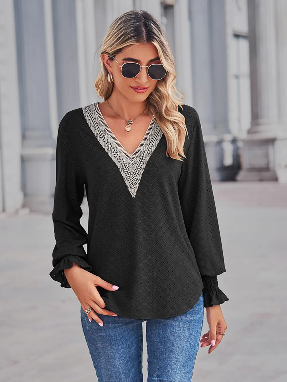 V-Neck Eyelet Flounce Sleeve Blouse, image 8