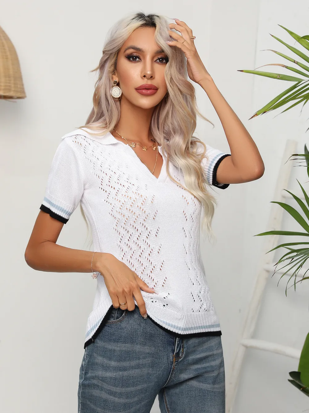 Johnny Collar Openwork Short Sleeve Knit Top, image 3