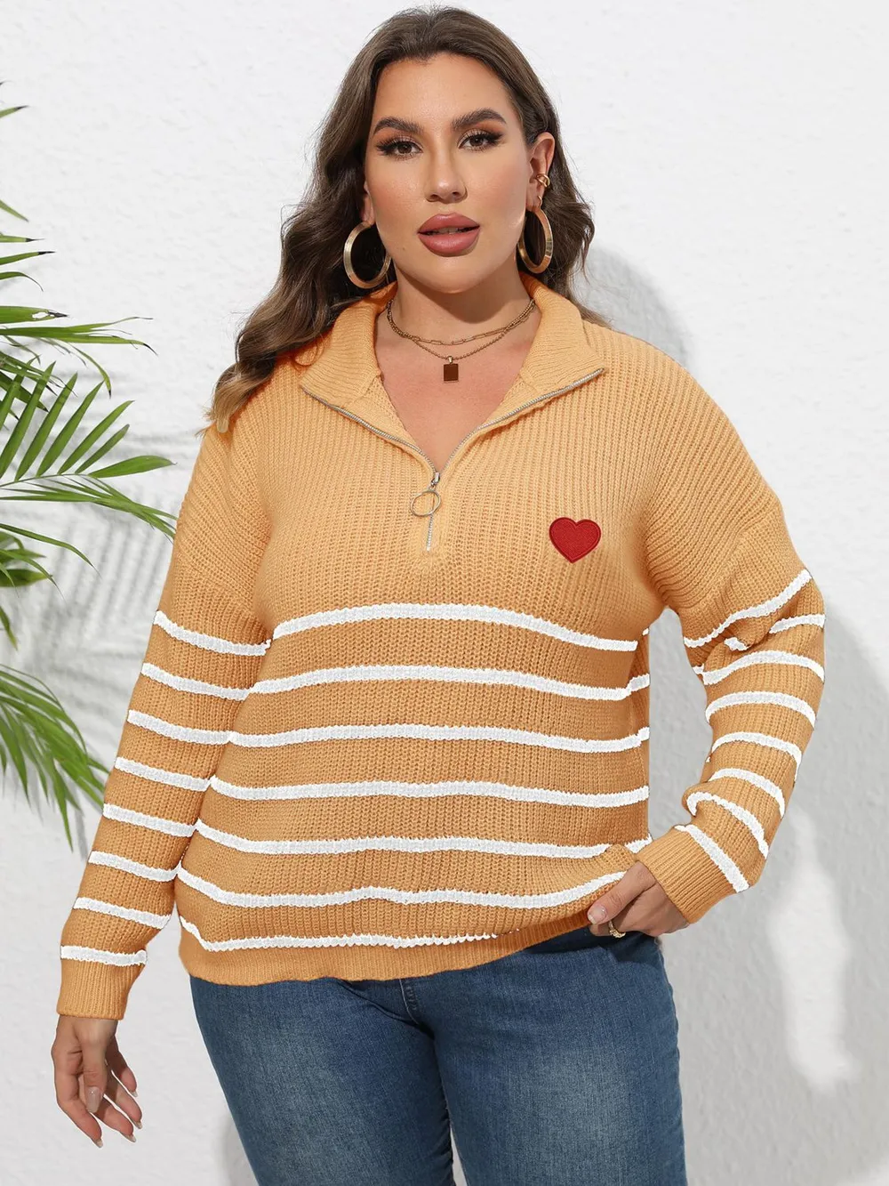 Plus Size Zip-Up Striped Sweater, image 4