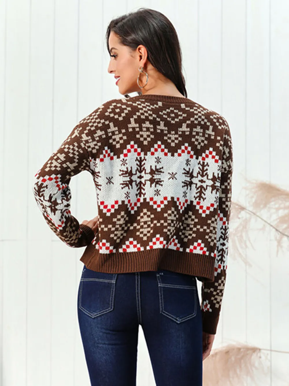Snowflake Pattern Round Neck Sweater, image 2