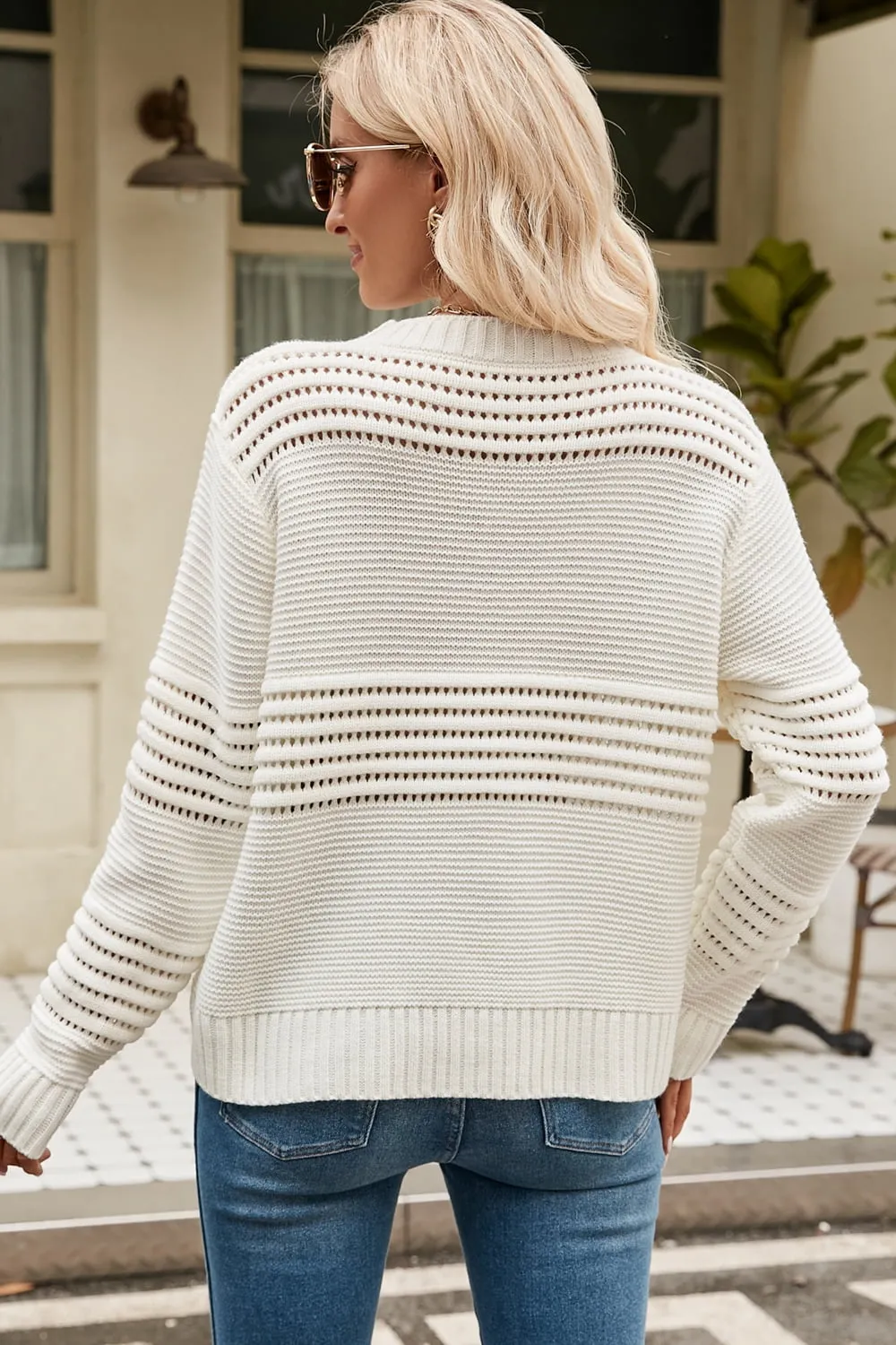 Round Neck Openwork Long Sleeve Pullover Sweater, image 12