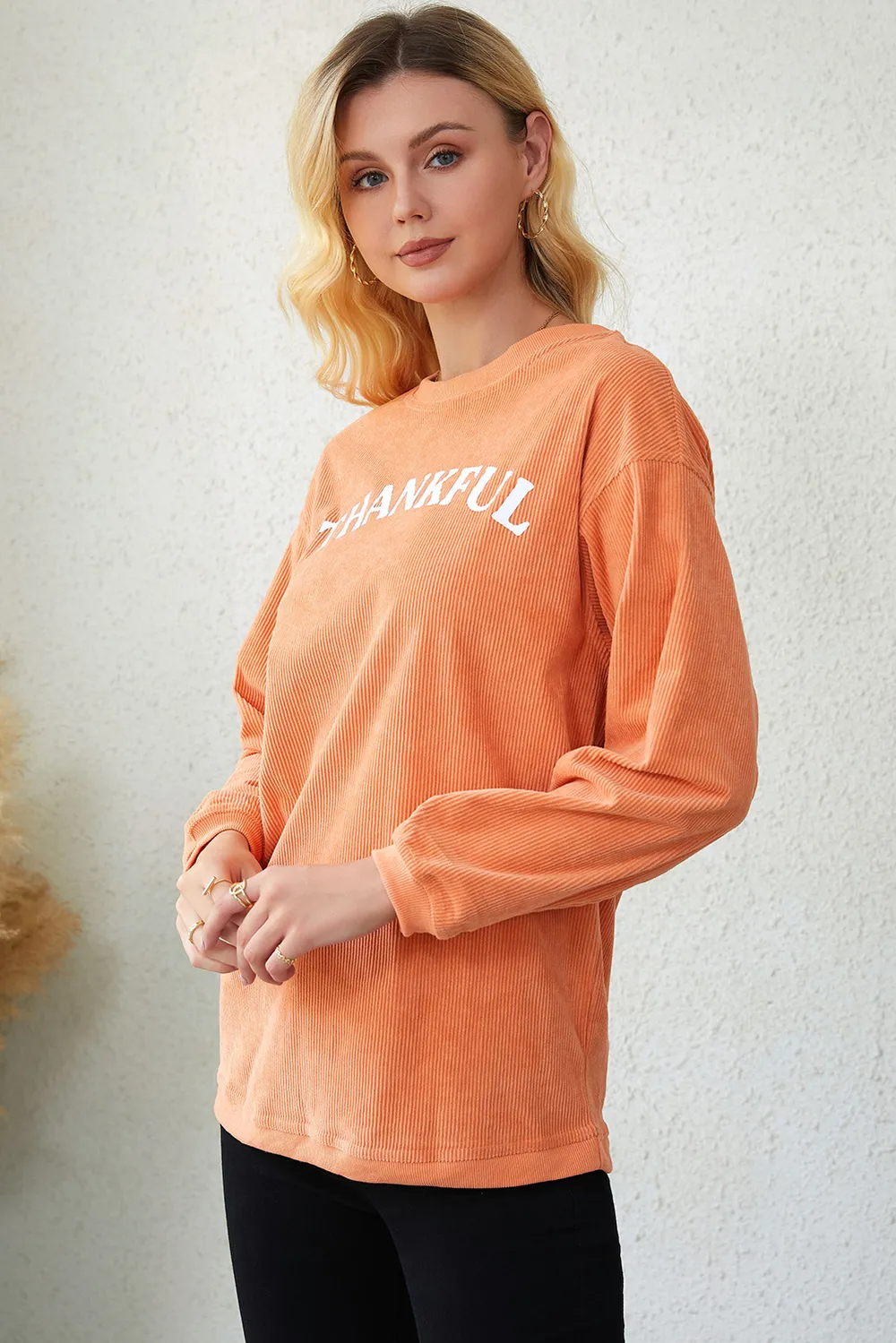 Round Neck Dropped Shoulder THANKFUL Graphic Sweatshirt, image 7