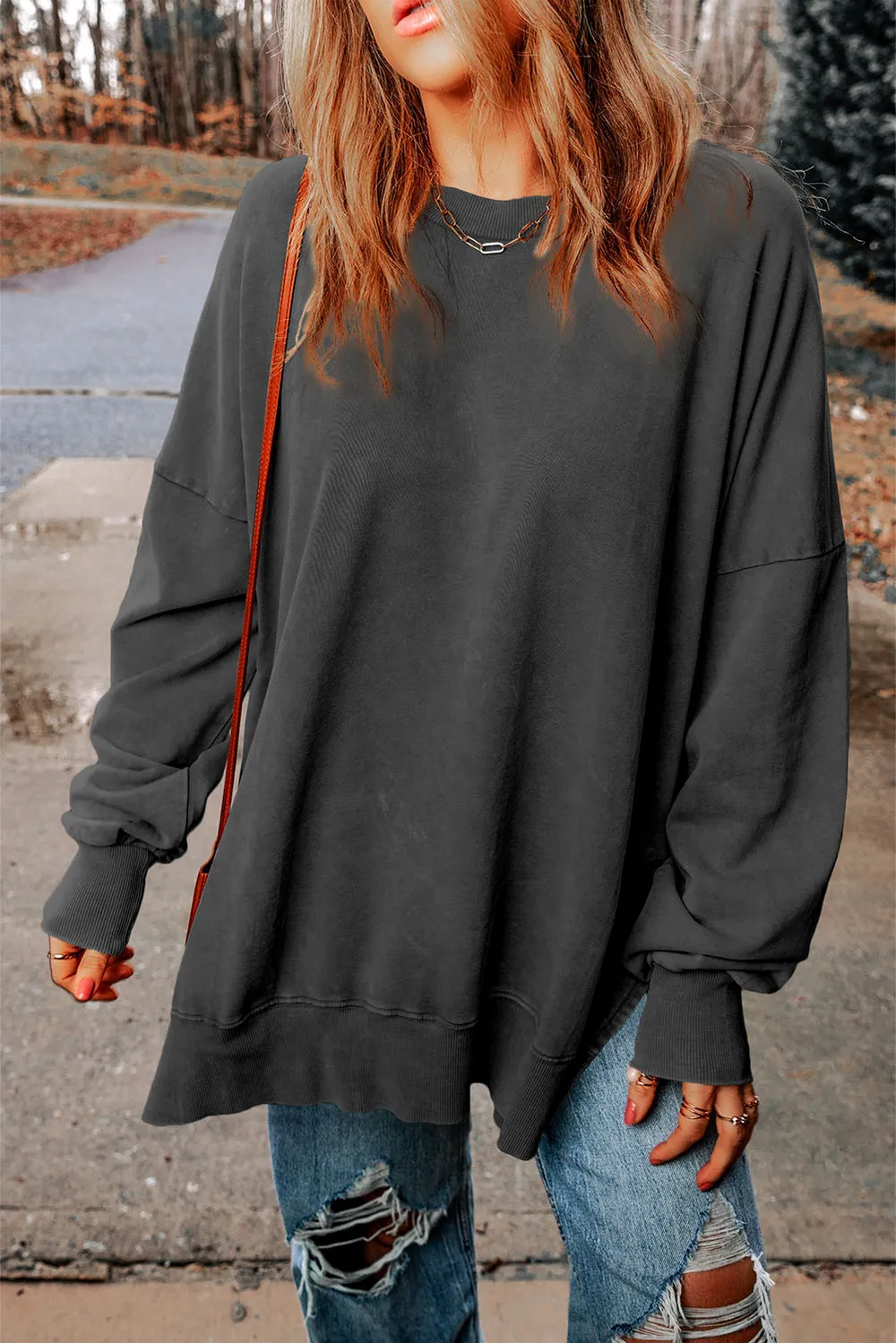 Dropped Shoulder Round Neck Long Sleeve Blouse, image 10
