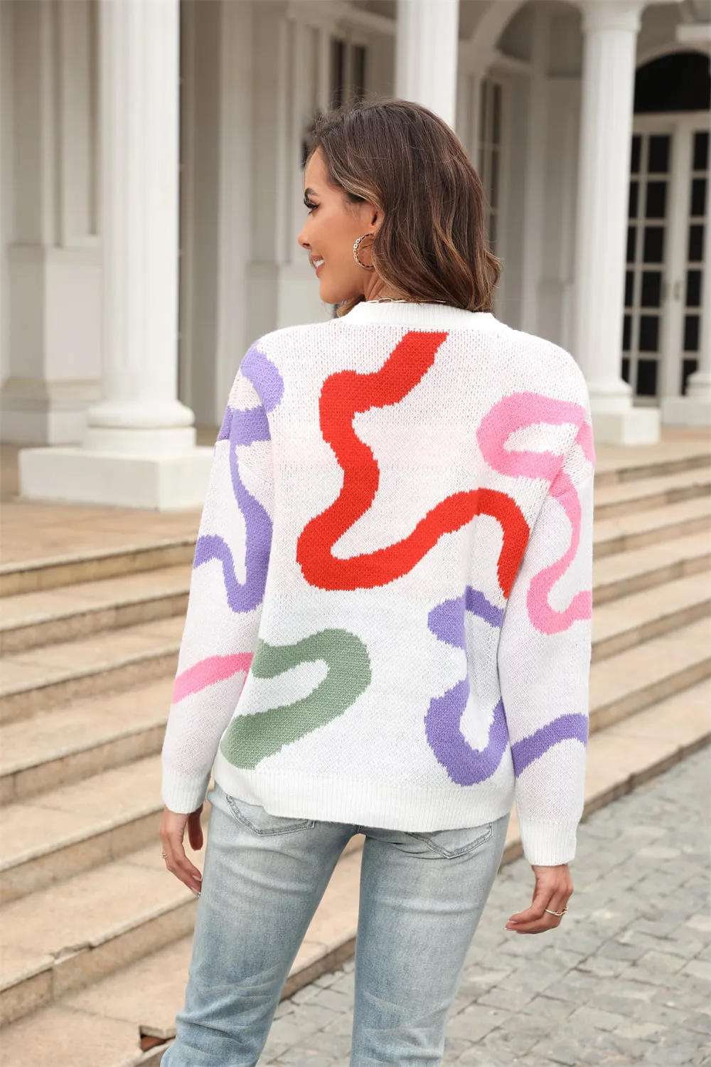Printed Round Neck Dropped Shoulder Pullover Sweater, image 3
