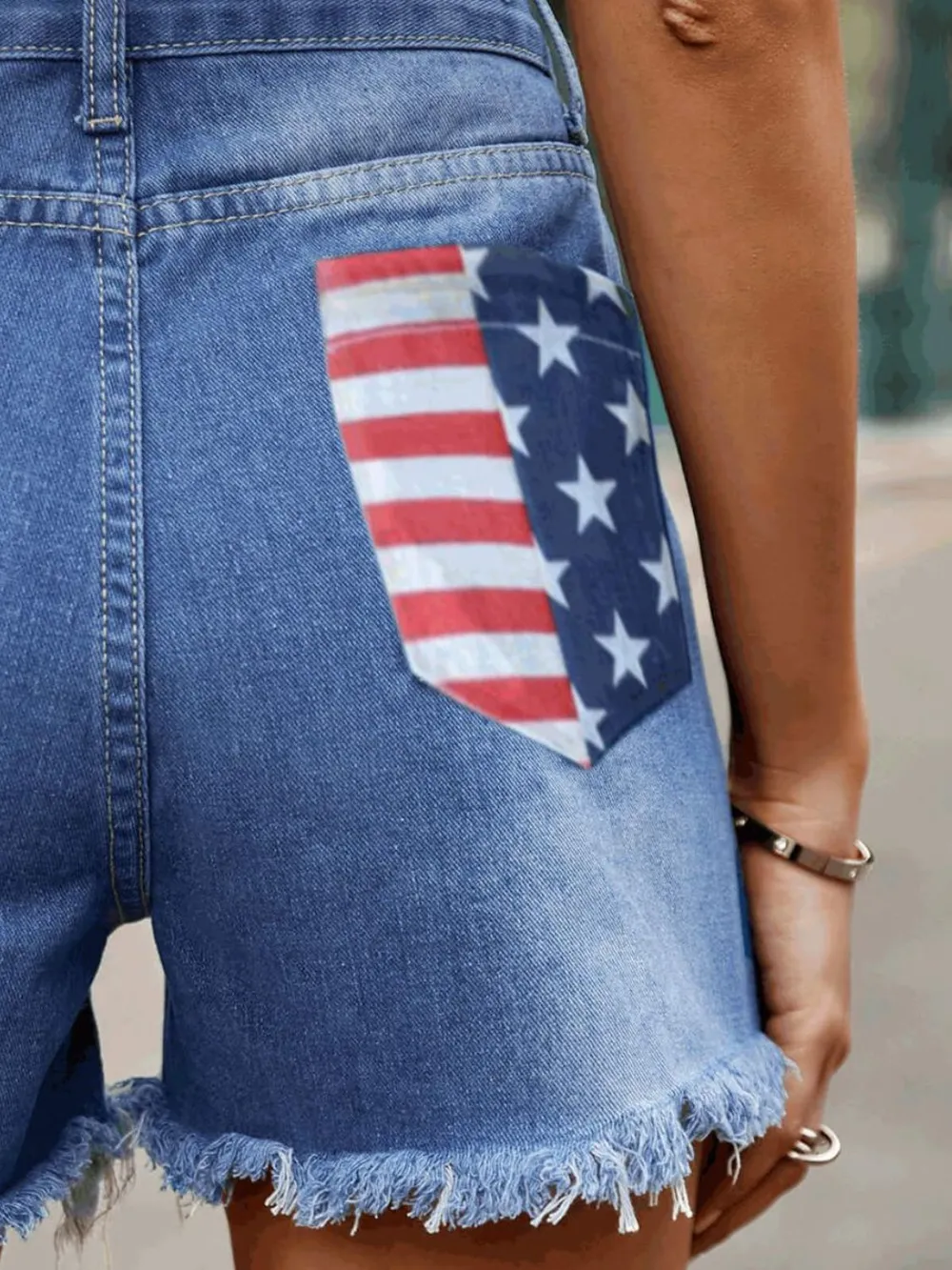 American Flag Raw Hem Denim Shorts with Pockets, image 6