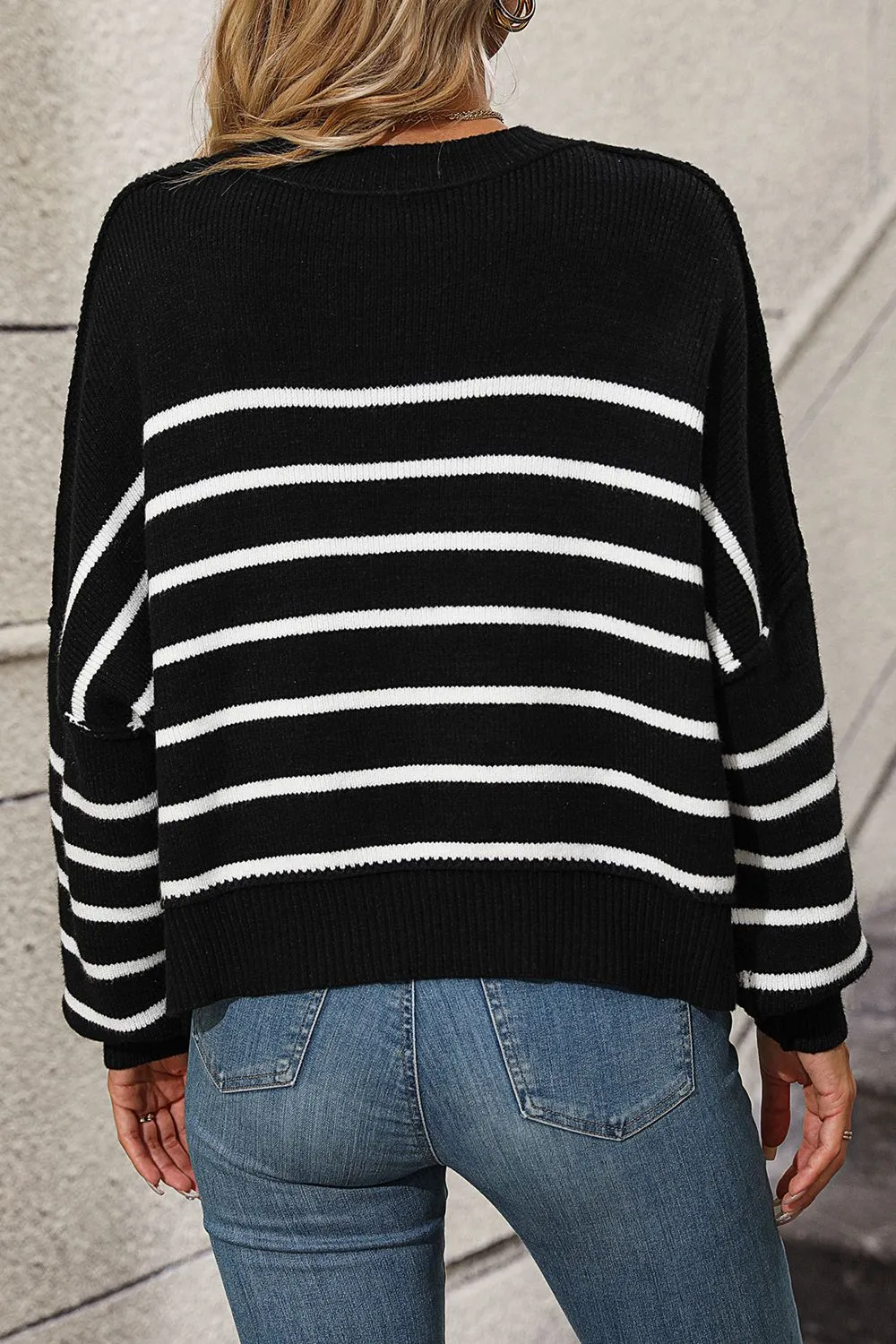 Striped Dropped Shoulder Round Neck Pullover Sweater, image 21