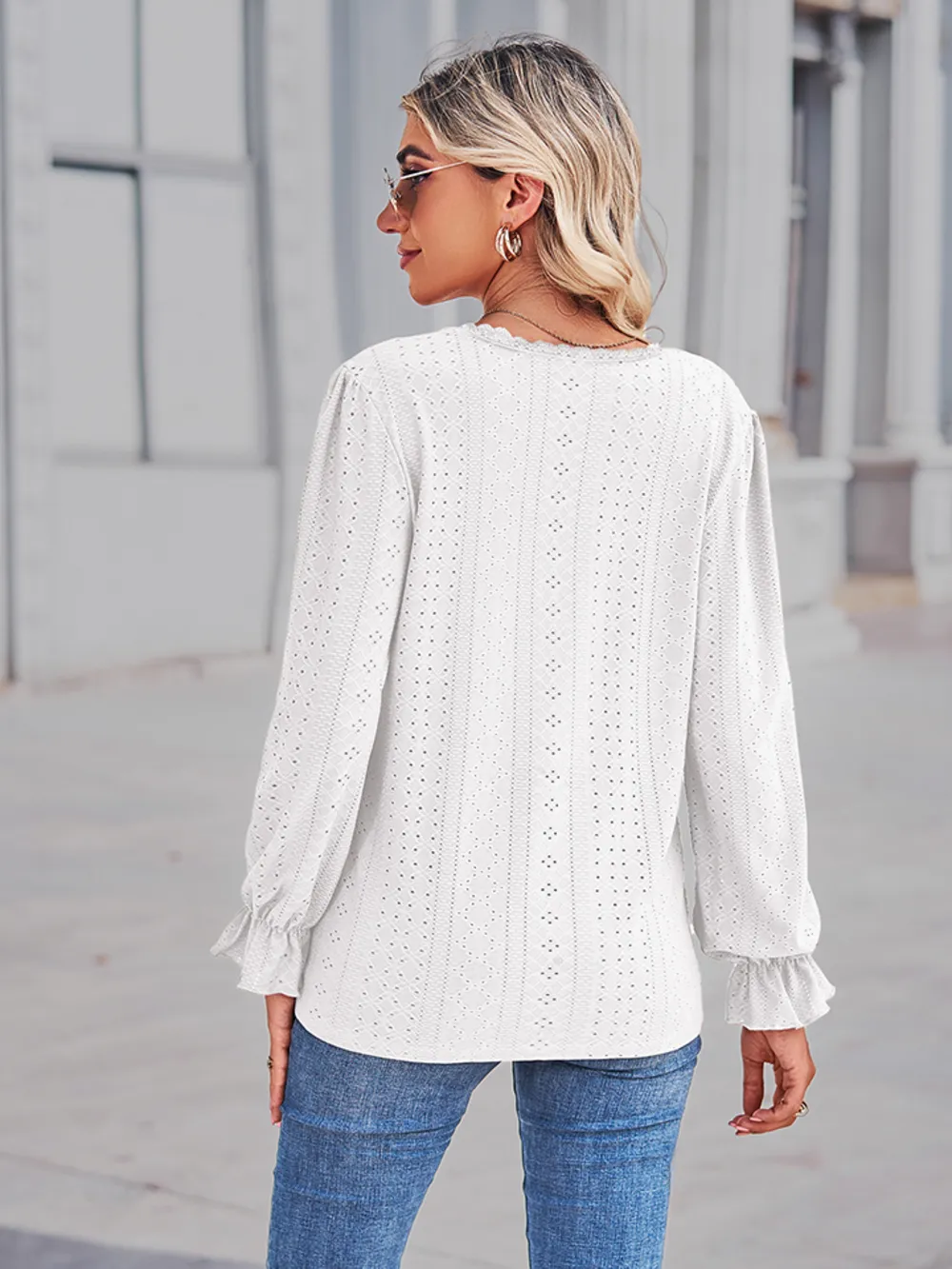 Eyelet V-Neck Flounce Sleeve Blouse, image 7