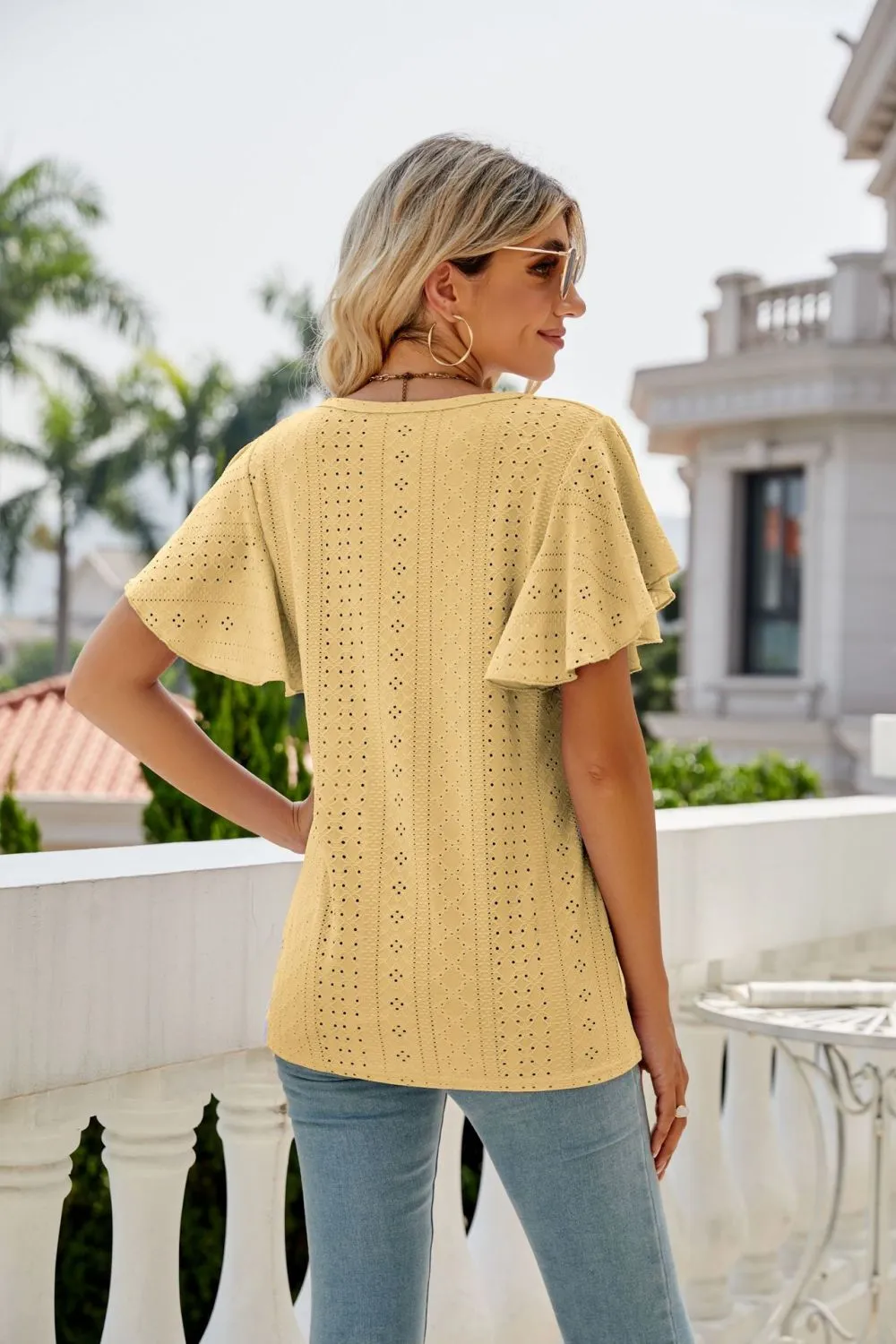 Eyelet Flutter Sleeve Round Neck Top, image 21
