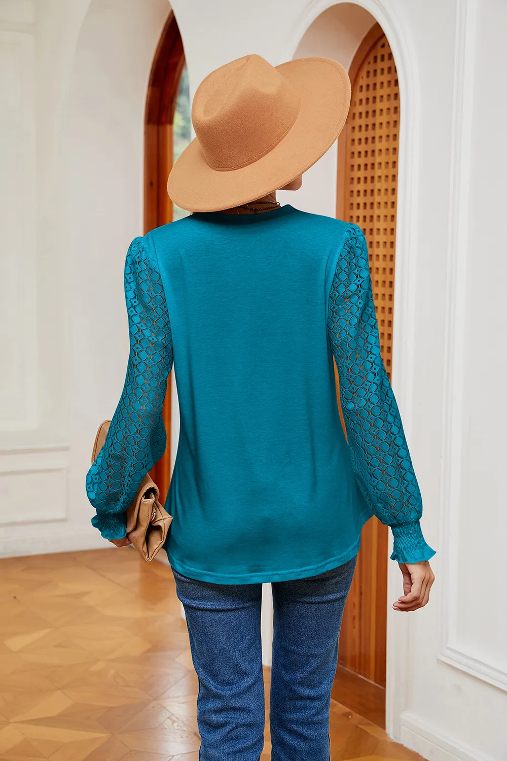 Contrast V-Neck Long Sleeve Blouse, image 22