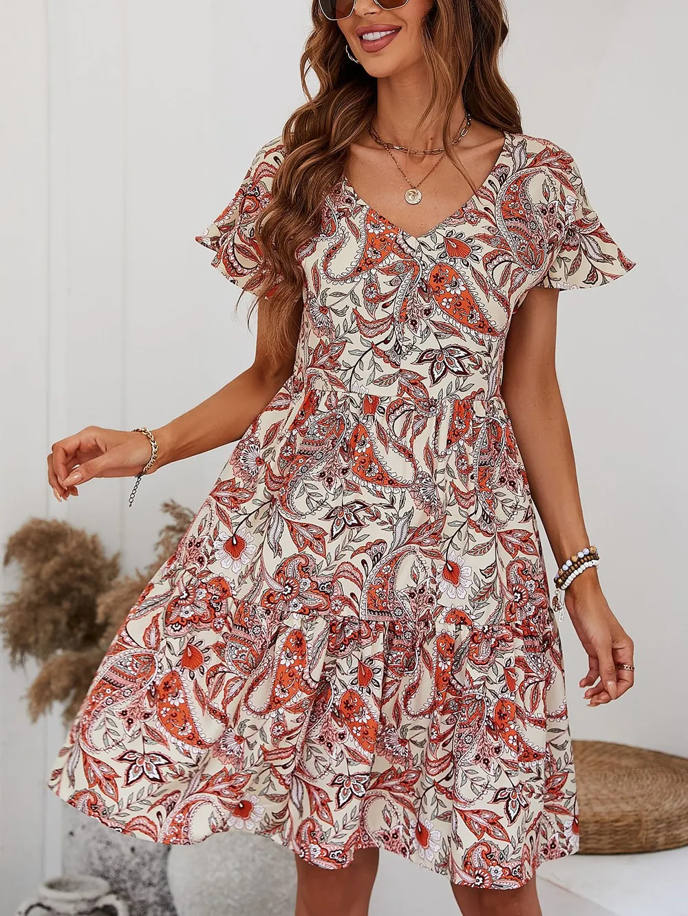 Printed V-Neck Tiered Dress, image 5