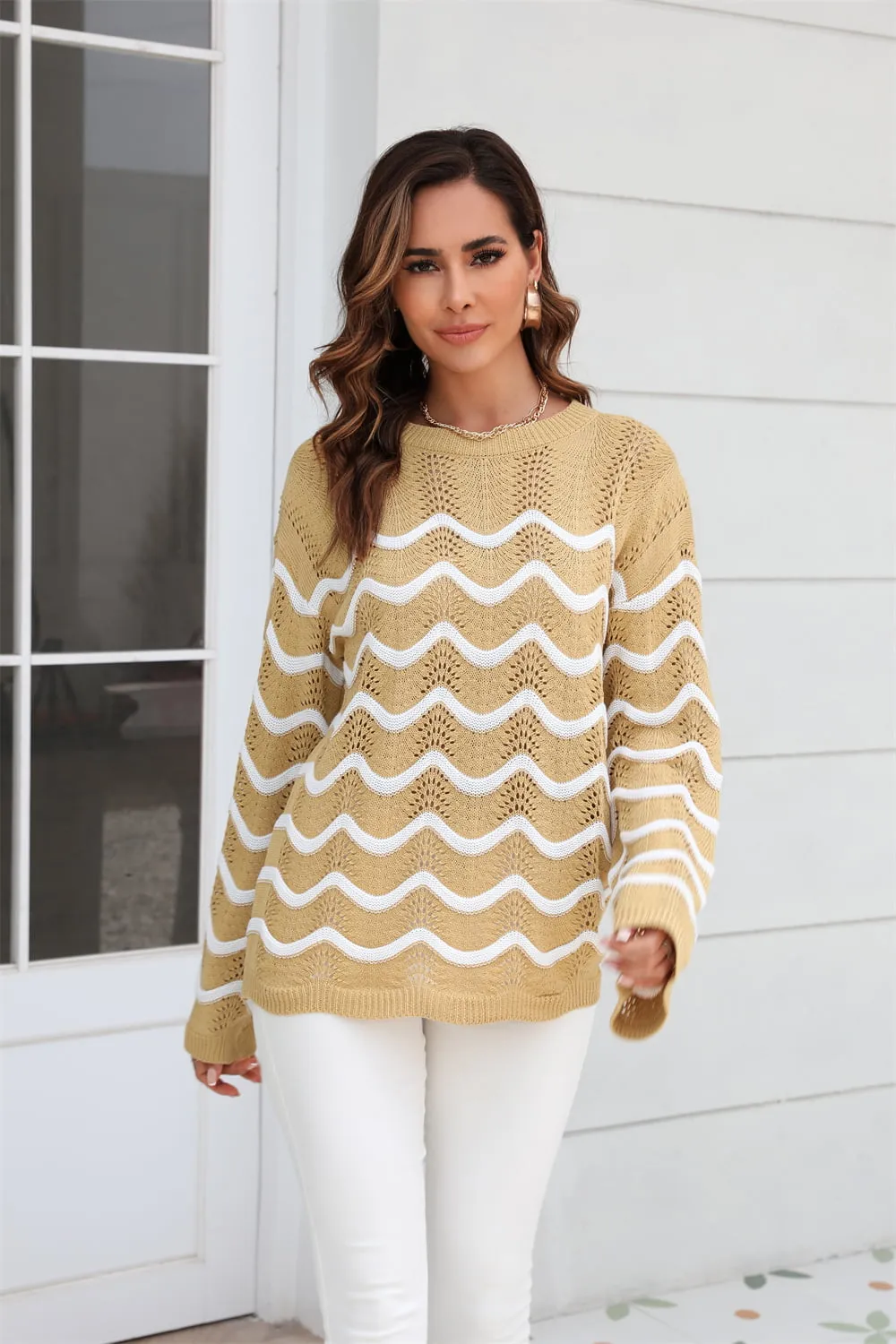 Wave Pattern Round Neck Long Sleeve Sweater, image 5