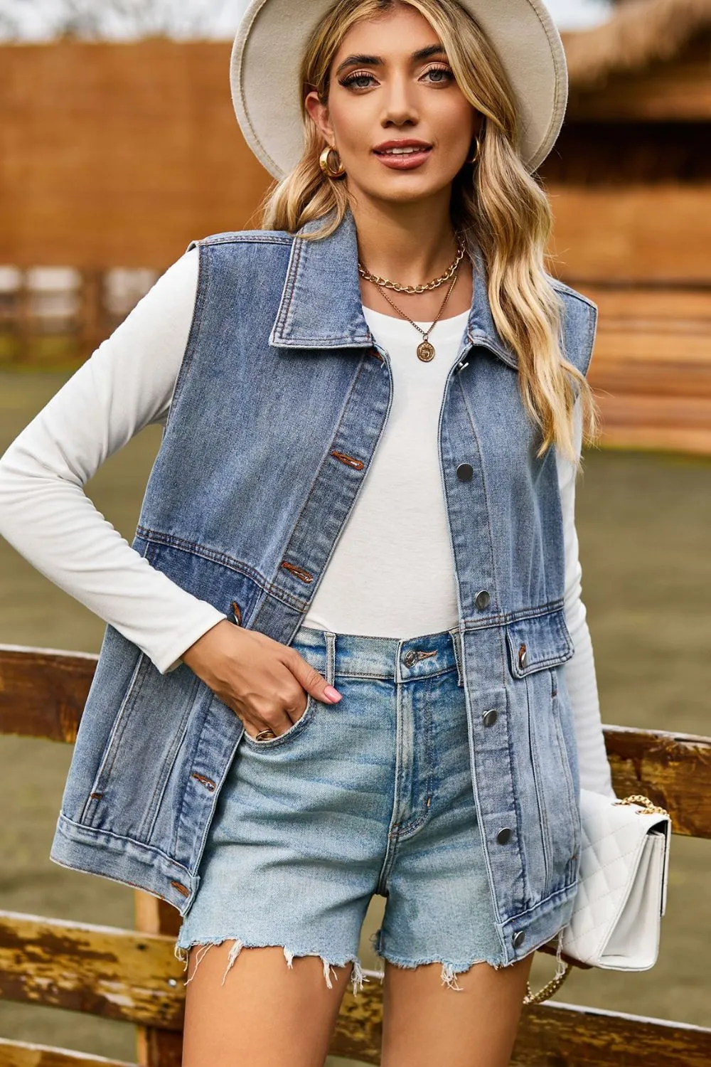 Sleeveless Collared Neck Denim Top with Pockets, image 8