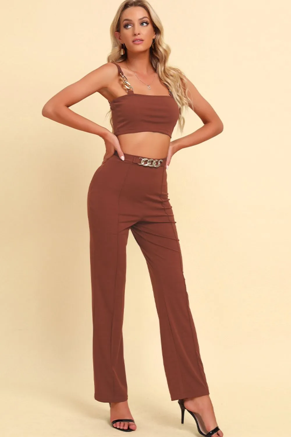 Chain Detail Cropped Cami and Straight Leg Pants Set, image 5