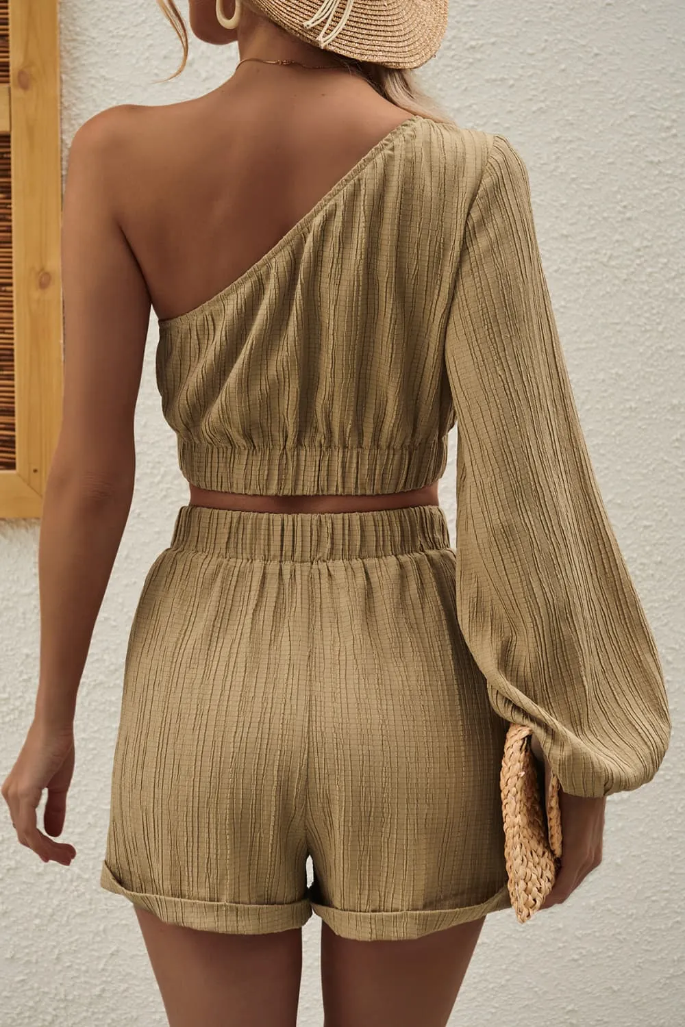 One-Shoulder Balloon Sleeve Crop Top and Shorts Set, image 4