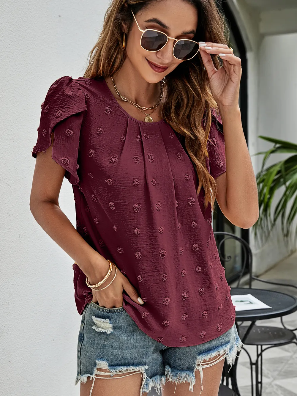 Swiss Dot Round Neck Petal Sleeve Top, image 29