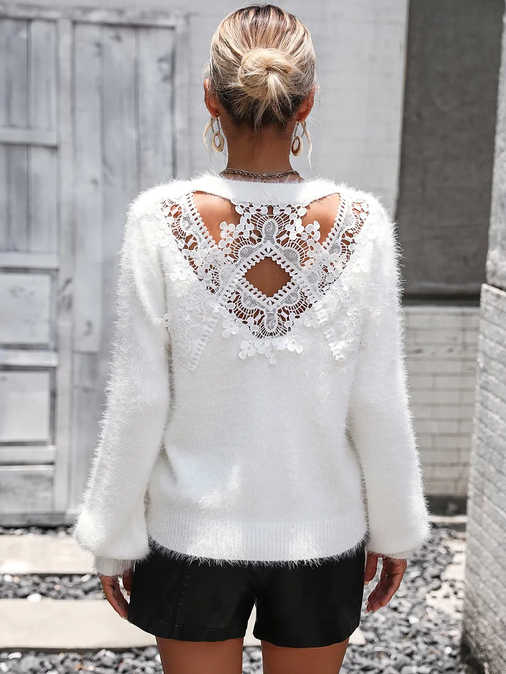 Lace Detail Cutout Long Sleeve Pullover Sweater, image 2