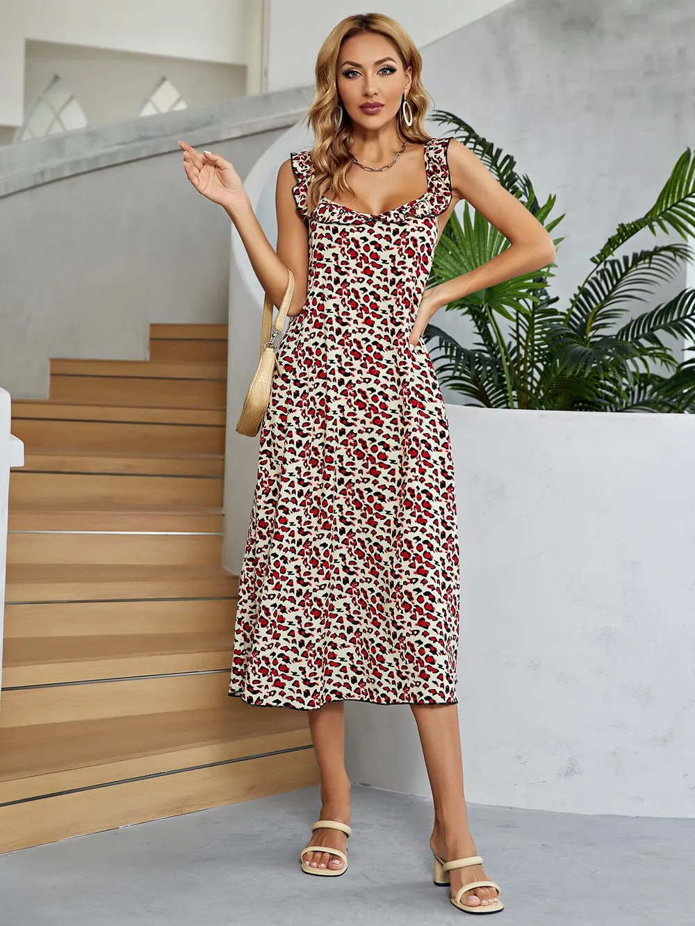 Printed Ruffled Sleeveless Midi Dress, image 4
